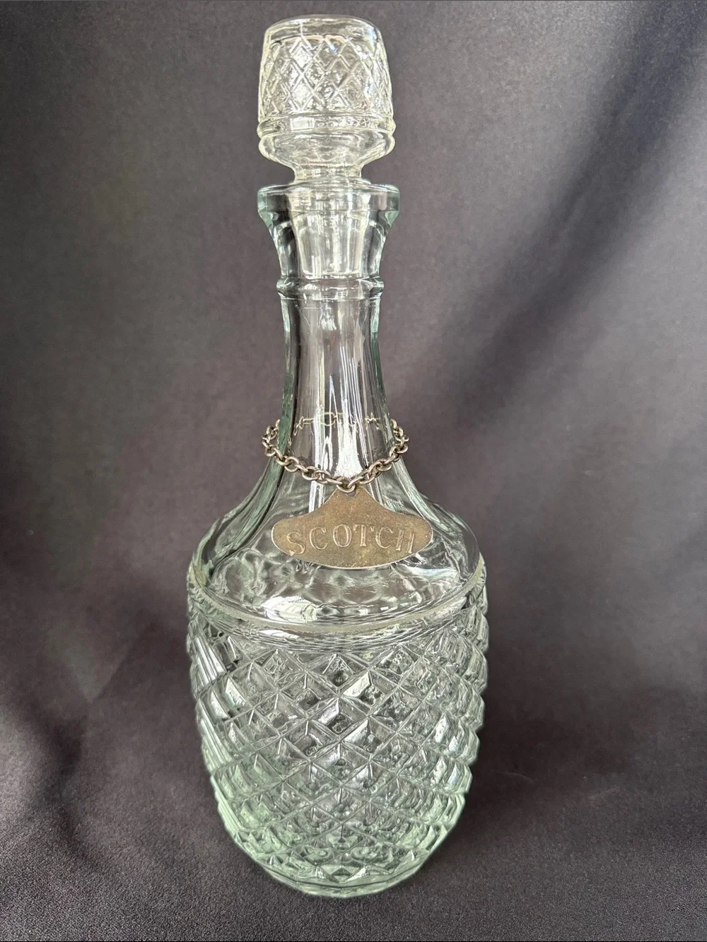 Clear Glass Scotch Decanter with Etched Diamond Pattern